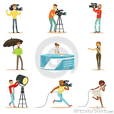 News Program Crew Of Professional Cameramen And Journalists Creating TV Broadcast Of Live Television Set Of Cartoon Vector Illustration