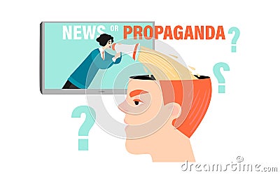 News or propaganda. Conceptual vector image with a huge head and a girl with a megaphone from the TV Vector Illustration