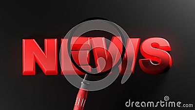 NEWS red write on black background, with magnifier over the word - 3D rendering illustration Cartoon Illustration