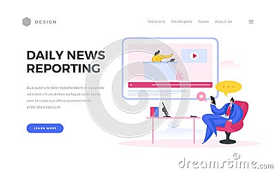 Daily news reports landing page template. Male business character watches overview of events on his favorite channel. Vector Illustration