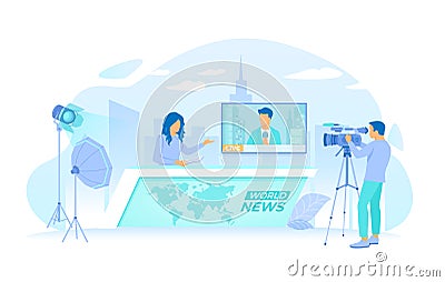 News studio room with woman newscaster, journalist on a tv screen, cameraman and video lighting kits. Breaking world news, TV show Vector Illustration