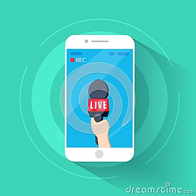 News TV cell phone and live in mobile phone with camera frame. rec and record cartoon. hand and mic vector. Vector Illustration