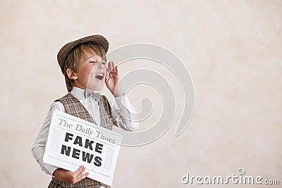 Newsboy shouting against grunge wall background. Boy selling fake news Stock Photo