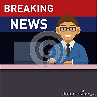 Newscaster with Computer, Breaking News. Vector Vector Illustration