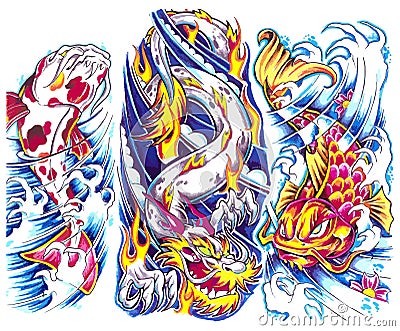 Japanese Dragon and Koi fish Newskool tattoo set. Cartoon Illustration