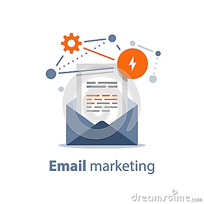 Newsletter concept, email marketing strategy, opened envelope, writing letter, summary news rss services Vector Illustration