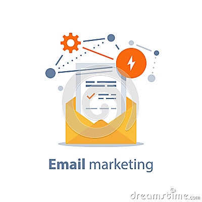 Newsletter concept, email marketing strategy, opened envelope, writing letter, summary news rss services Vector Illustration
