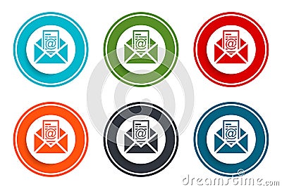 Newsletter email icon flat vector illustration design round buttons collection 6 concept colorful frame simple circle set Vector Illustration