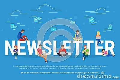 Newsletter subscribers concept illustration of young man and woman receiving commercial letters and promotion offers Vector Illustration