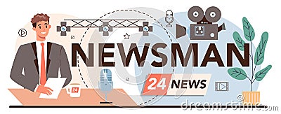 Newsman typographic header. Television host in studio, TV presenter Vector Illustration