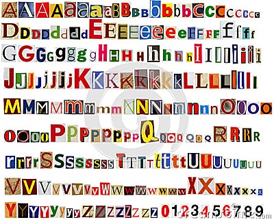 Newspaper alphabet with letters and numbers. Stock Photo