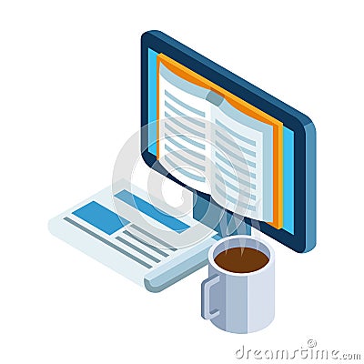 Newspaper, coffee mug and computer with book on screen Vector Illustration