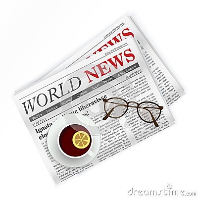 Newspaper, coffee and sunglasses. World news. Regional newspapers news. Vector Illustration