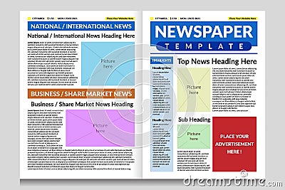 Newspaper front page design template. Newspaper sample design with heading, body text and pictures Stock Photo