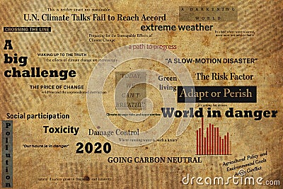 Newspaper headlines and text about the climate change in the world Editorial Stock Photo