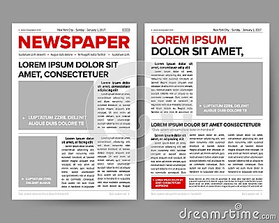 Daily newspaper journal design template with two-page opening editable headlines quotes text articles and images vectors Vector Illustration