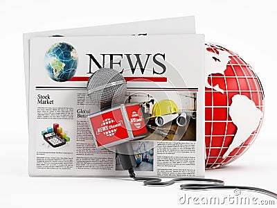 Newspaper, microphone and globe isolated on white background. 3D illustration Cartoon Illustration