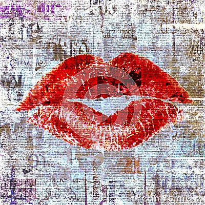 Newspaper with old grunge vintage unreadable paper texture background and woman`s lipstick kiss Stock Photo