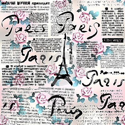 Newspaper Paris with roses Vector Illustration