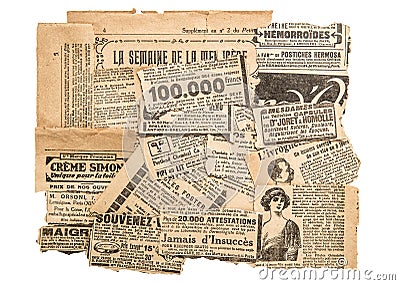 Newspaper pieces antique advertising Old magazine strips Stock Photo