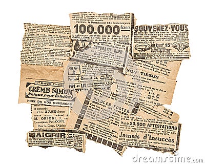 Newspaper pieces antique advertising Old magazine strips Stock Photo