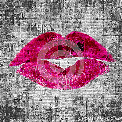 Newspaper with old grunge vintage unreadable paper texture background and woman`s lipstick kiss Stock Photo