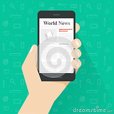 Newspaper reading on smartphone vector illustration, flat cartoon person hand read world news magazine on mobile phone Vector Illustration