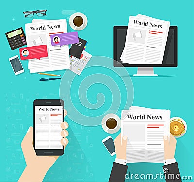 Newspaper on table desk and news paper online digital on computer screen and mobile cell phone app flat cartoon vector Vector Illustration