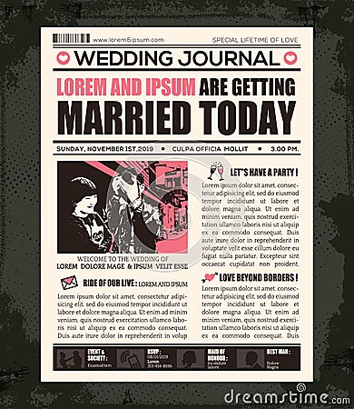Newspaper Wedding Invitation Design Template Vector Illustration