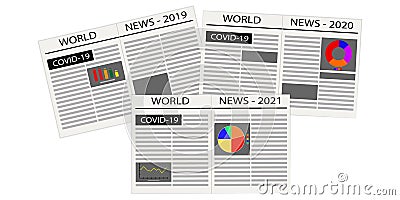 Newspaper-world news. Vector image of newspapers with news about coronavirus in 2019, 2020, 2021. News-articles about the pandemic Vector Illustration