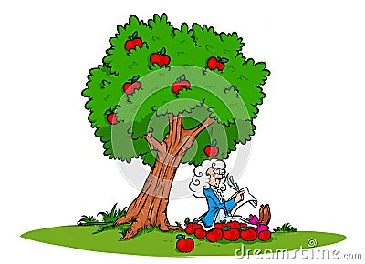 Newton idea law of gravity apple tree Cartoon Illustration