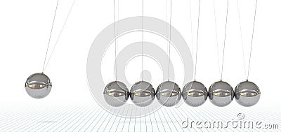 Newton`s Cradle - Seven Metallic, Silver, Chrome 3D Pendulum. Stock Photo