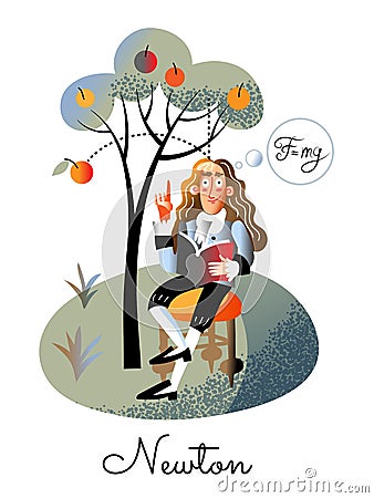 Newton sitting under tree discover gravity low Vector Illustration