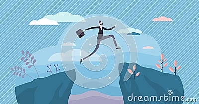 Next big business leap, businessman jumping over a cliff gorge. Flat tiny person vector illustration Vector Illustration