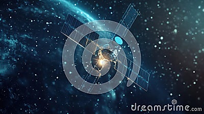 Next-gen communication satellite hovering in space transmitting data across the globe Stock Photo