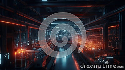 Revolutionizing Manufacturing: Futuristic Factory with Advanced HUID Interfaces and ChatGPT Algorithms Stock Photo