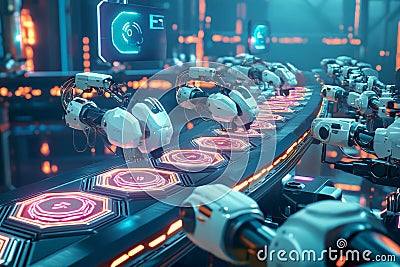 A next-gen robotics factory with hexagonal conveyor belts transporting advanced humanoid androids. Stock Photo
