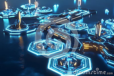 A next-generation spaceport where passengers board hexagonal floating platforms for intergalactic Stock Photo