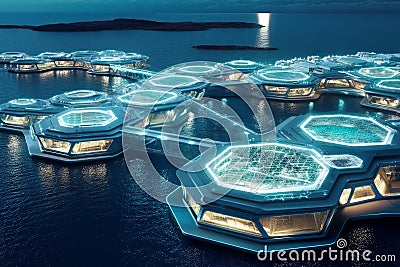 A next-generation spaceport where passengers board hexagonal floating platforms for intergalactic Stock Photo