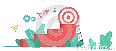 Next Step to Target Business Concept. Stairs, Aim and Flying Rocket. New Opportunity, Career Boost, Successful Startup Vector Illustration