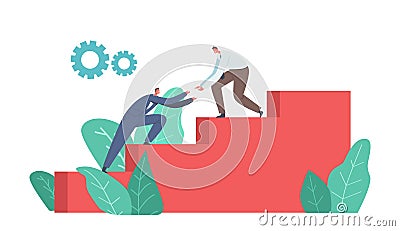 Next Step to Target, Mutual Help. Business Man Help to Colleague Climbing Stairs. Businesspeople Characters Success Vector Illustration