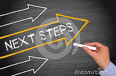 Next Steps - chalkboard with arrows and text Stock Photo