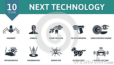 Next technology outline set. Creative icons: nanobot, cyborg, space tourism, hi-tech weapon, nano contact lenses Vector Illustration