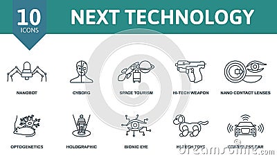 Next technology outline set. Creative icons: nanobot, cyborg, space tourism, hi-tech weapon, nano contact lenses Vector Illustration