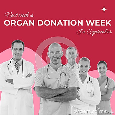 Next week is organ donation week text and smiling diverse male and female doctors, on red and pink Stock Photo