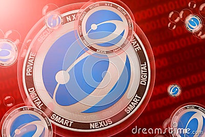 Nexus crash, bubble. Nexus NXS cryptocurrency coins in a bubbles on the binary code background Stock Photo