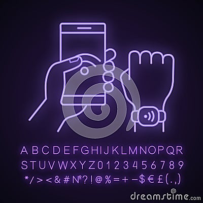 NFC bracelet connected to smartphone neon light icon Vector Illustration