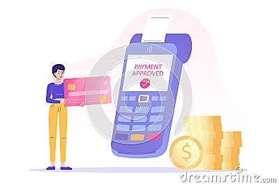 NFC contactless payment concept. Young woman using bank card to make payment. POS terminal approves the payment. Online Vector Illustration