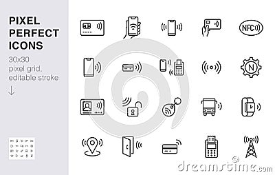 NFC line icon set. Near Field Communication technology, contactless payment, card with chip minimal vector illustration Vector Illustration