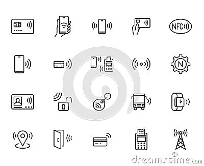 NFC line icon set. Near Field Communication technology, contactless payment, card with chip minimal vector illustration Vector Illustration